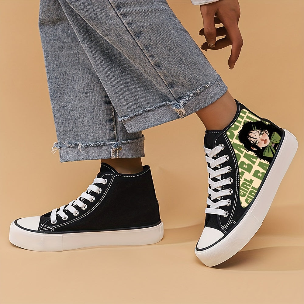 Yokai Supply “Neon Drift” Anime Girl High-Top Sneakers – Breathable Canvas Skate Shoes