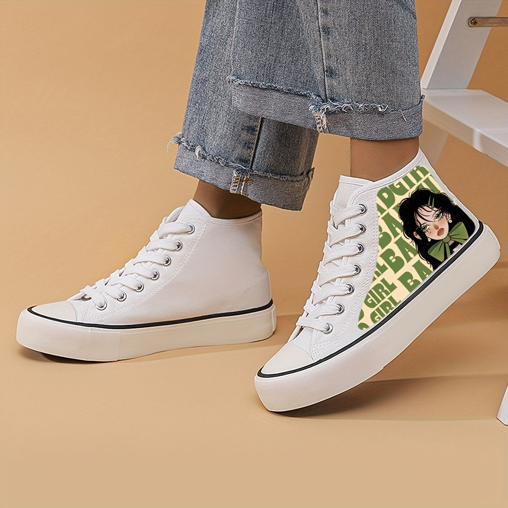 Yokai Supply “Neon Drift” Anime Girl High-Top Sneakers – Breathable Canvas Skate Shoes