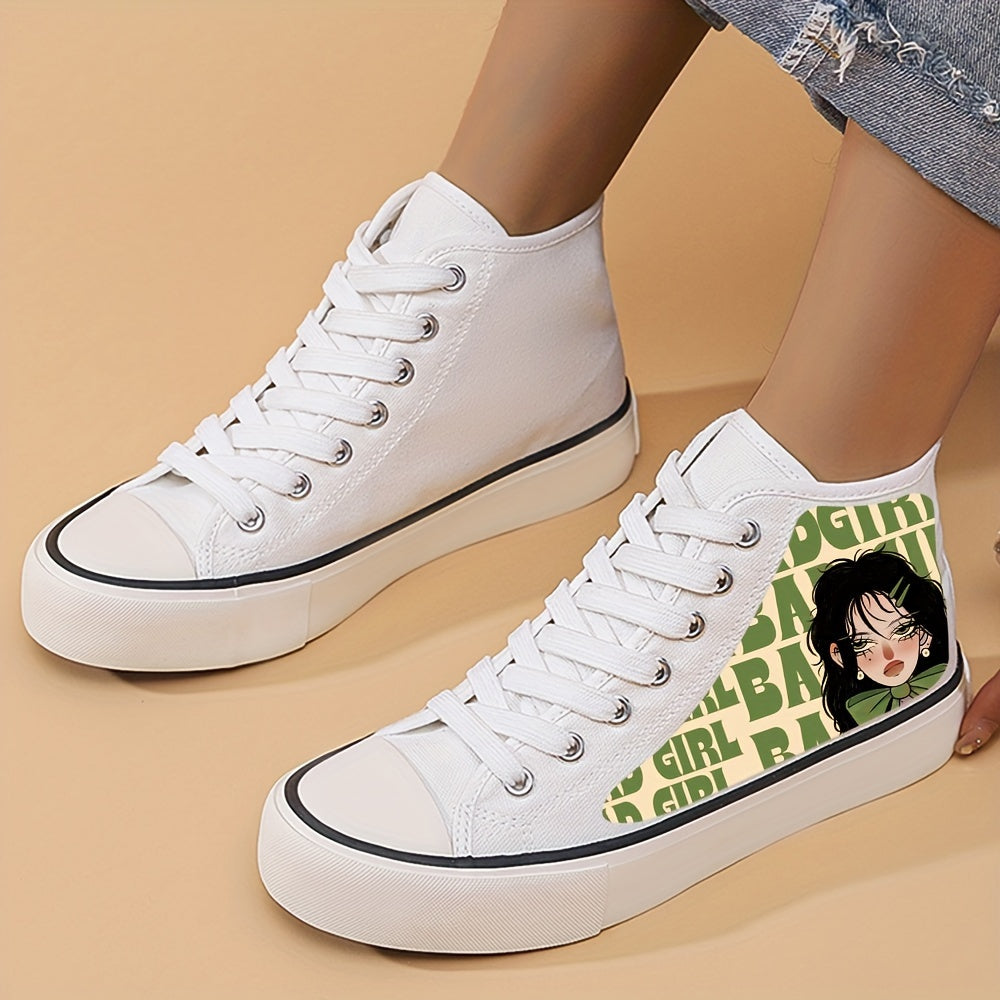 Yokai Supply “Neon Drift” Anime Girl High-Top Sneakers – Breathable Canvas Skate Shoes