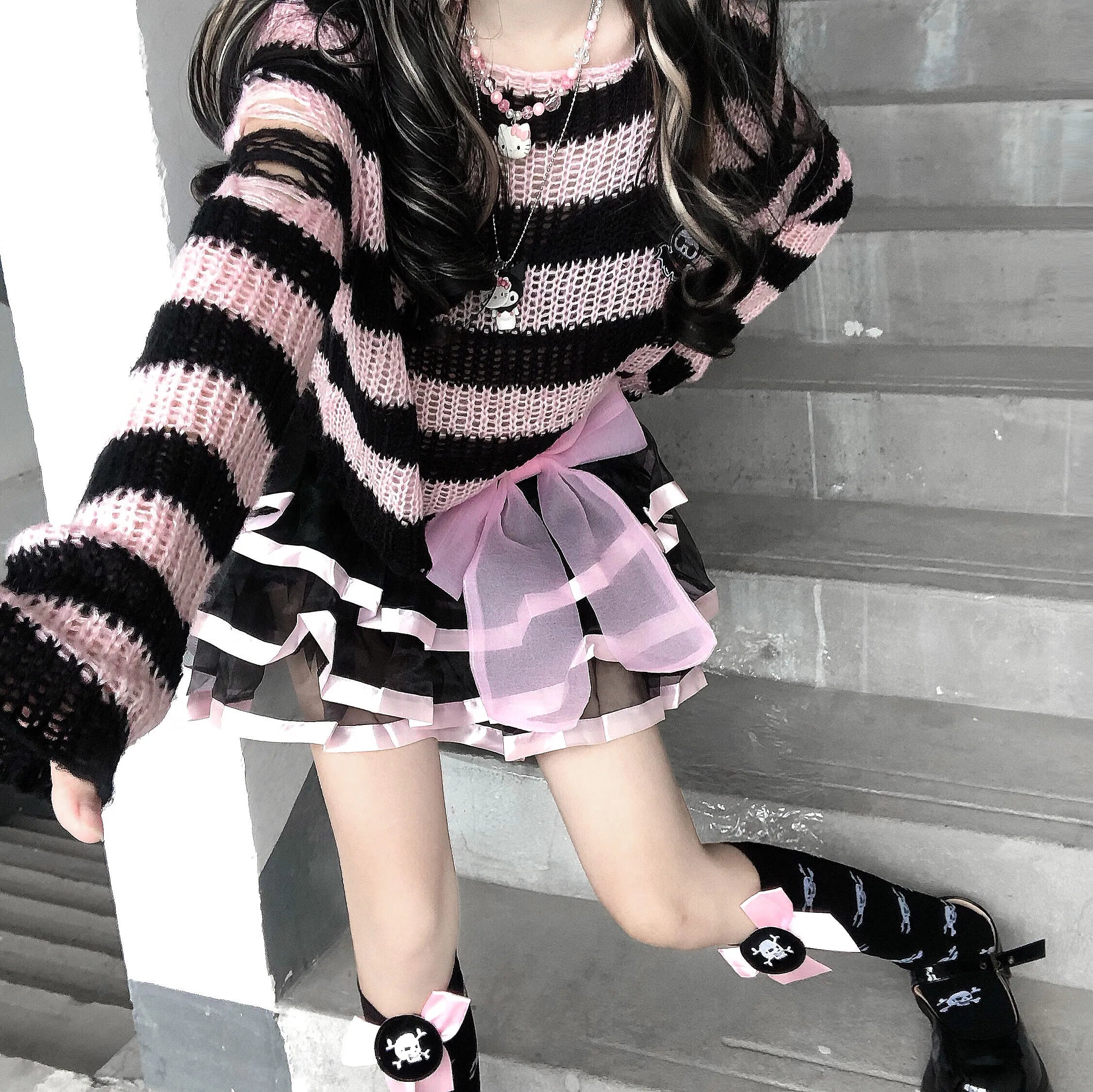 "Yokai Supply" Pink Striped Gothic Knit Sweater for Women – Distressed Ripped Pullover, Loose Fit Fairy Grunge Streetwear