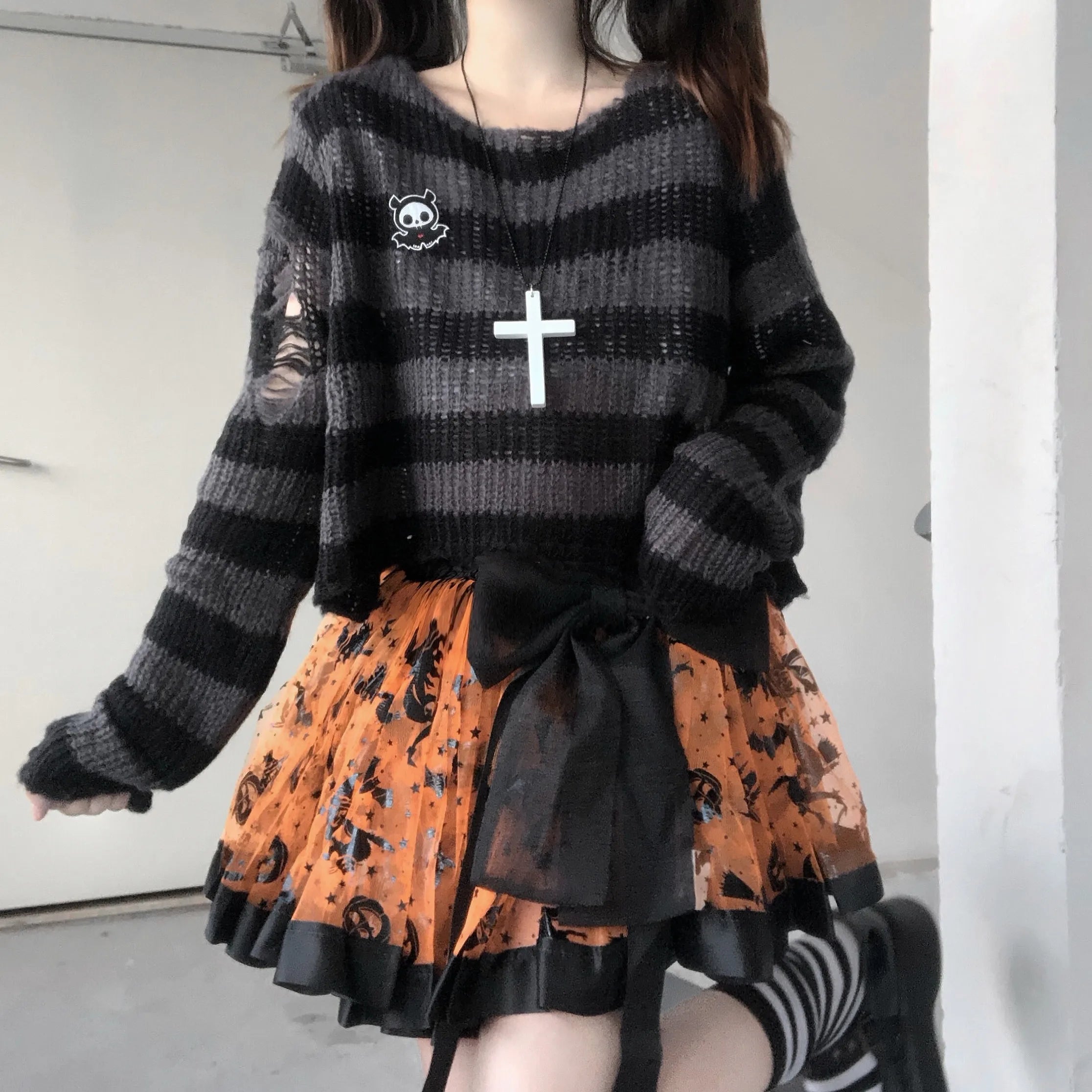 "Yokai Supply" Pink Striped Gothic Knit Sweater for Women – Distressed Ripped Pullover, Loose Fit Fairy Grunge Streetwear