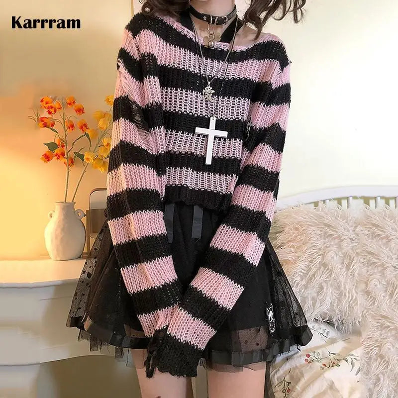 "Yokai Supply" Pink Striped Gothic Knit Sweater for Women – Distressed Ripped Pullover, Loose Fit Fairy Grunge Streetwear