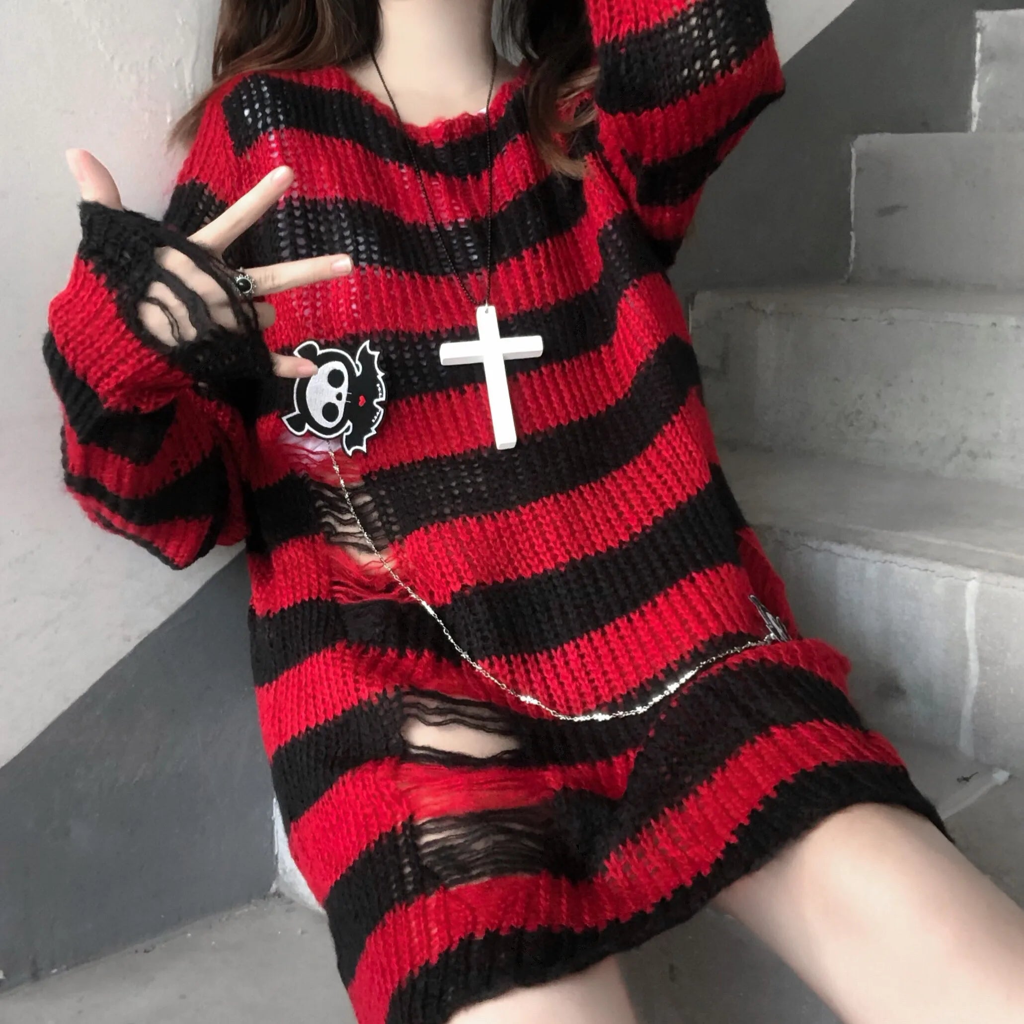 "Yokai Supply" Pink Striped Gothic Knit Sweater for Women – Distressed Ripped Pullover, Loose Fit Fairy Grunge Streetwear