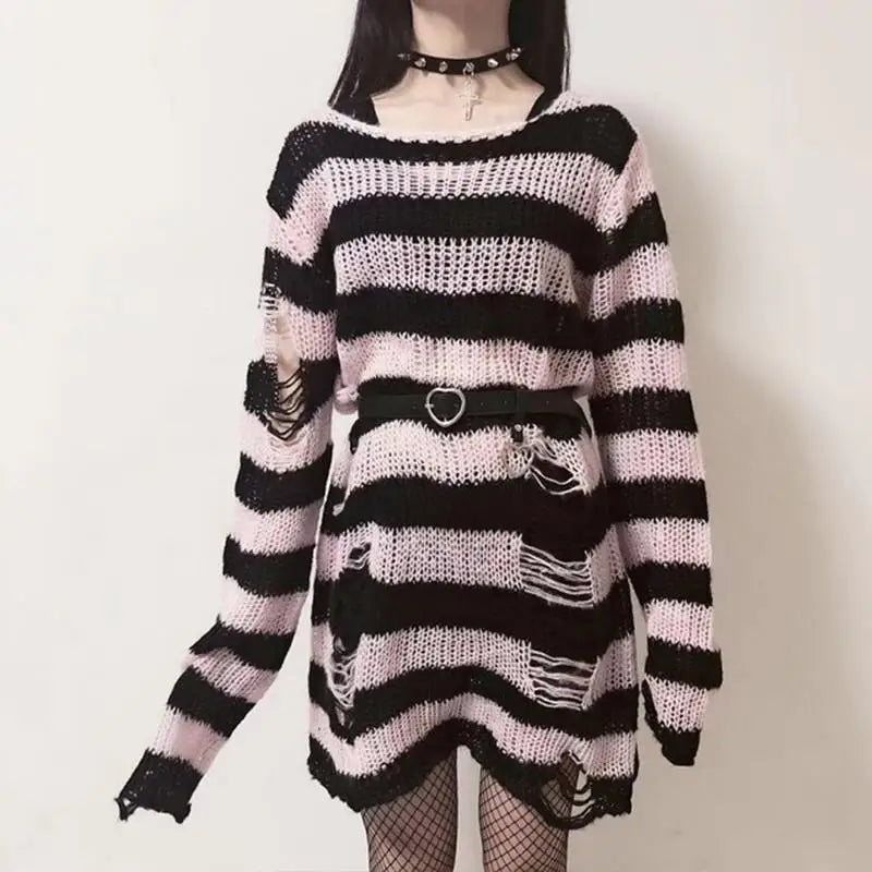 Striped Gothic Knit Pullover Sweater – Oversized Alt Aesthetic