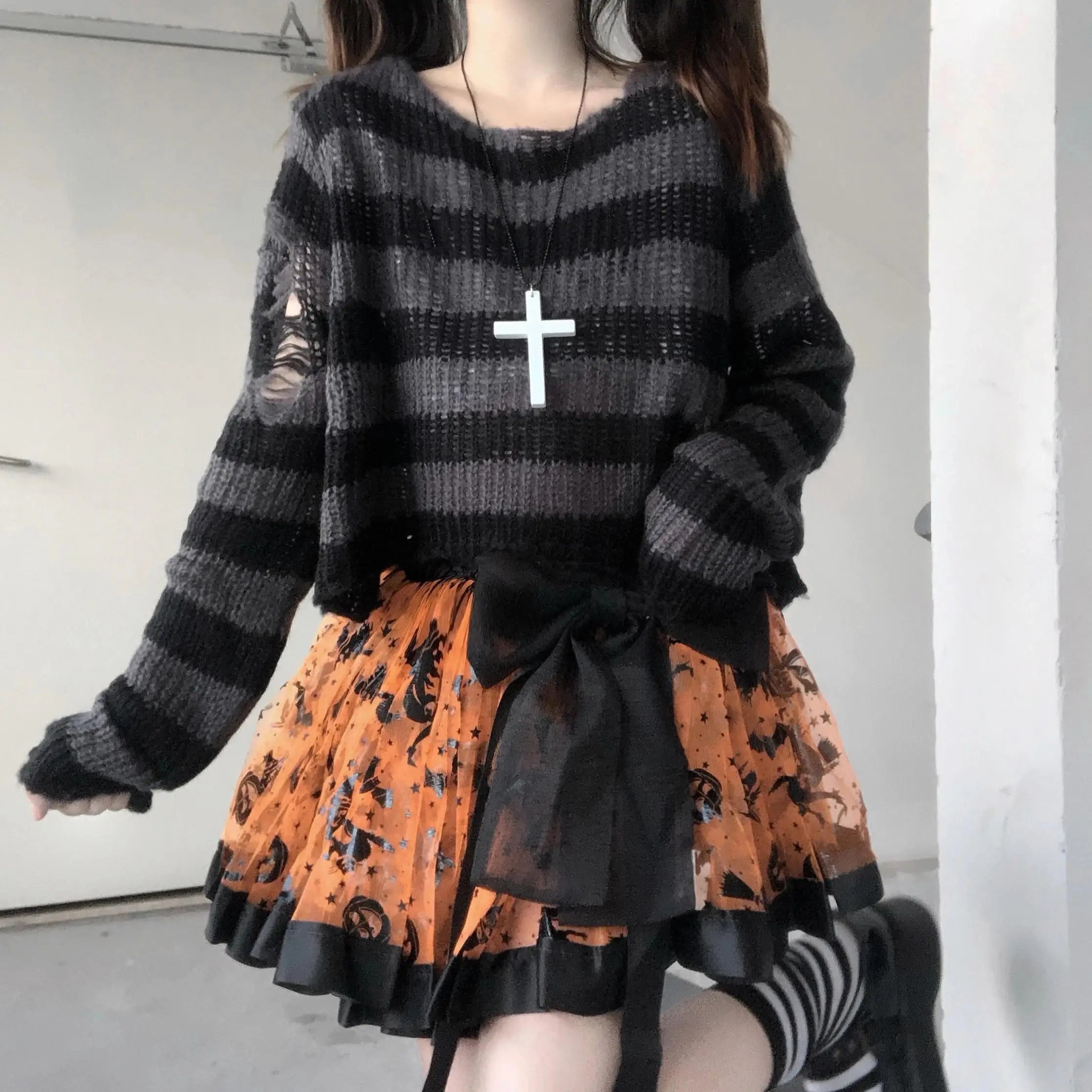 Striped Gothic Knit Pullover Sweater – Oversized Alt Aesthetic