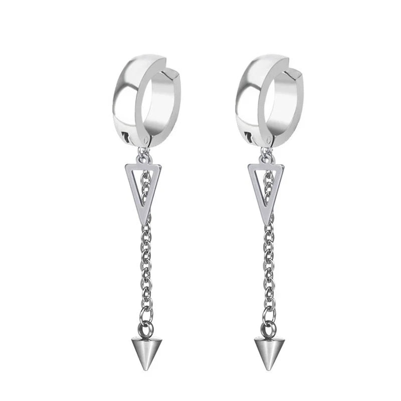 Stainless Steel Cross Long Chain Dangle Hoop Earrings – Black or Silver Tone (Unisex Set)