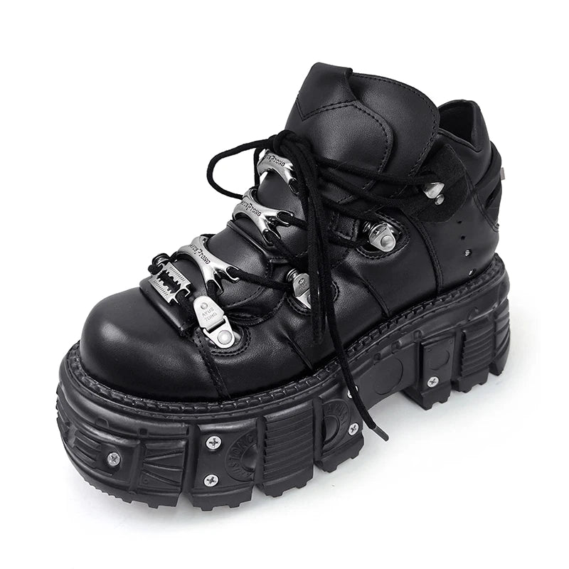 Yokai Supply “Obsidian Chain” Gothic Platform Boots – Punk Lace-Up Metal Decor Ankle Shoes