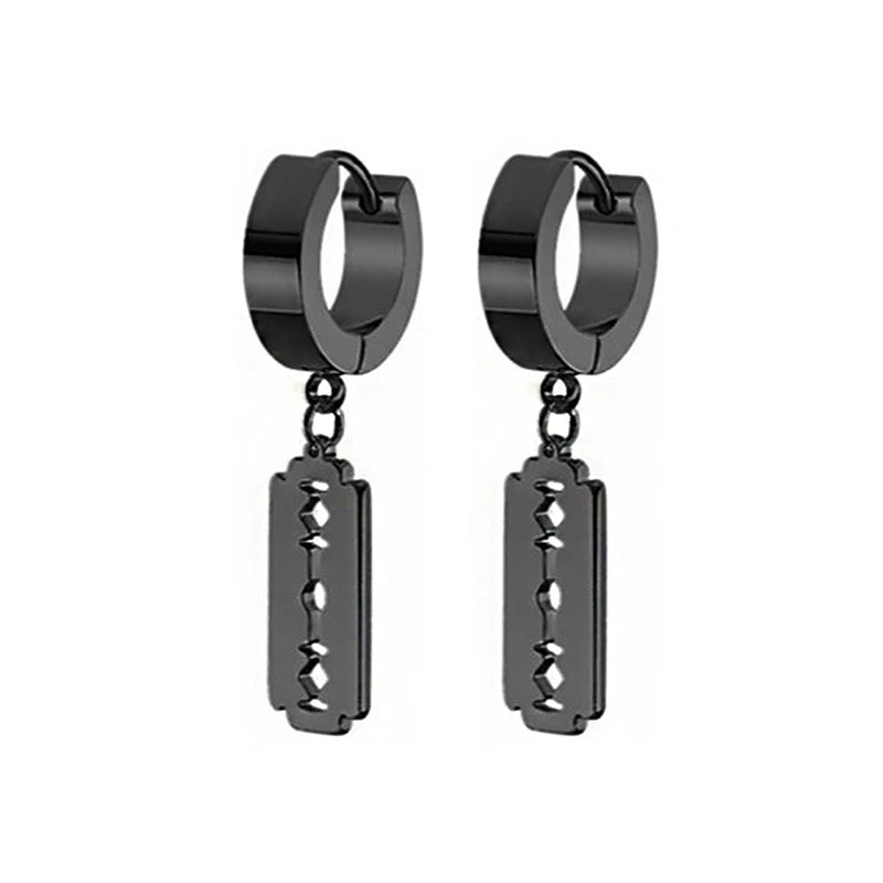 Stainless Steel Cross Long Chain Dangle Hoop Earrings – Black or Silver Tone (Unisex Set)