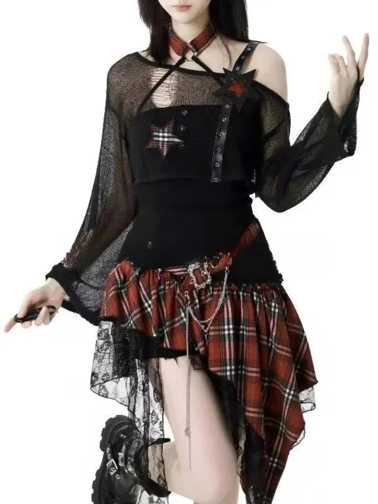 Yokai Supply “Nocturne Muse” Gothic Y2K Two-Piece Set – Black Crop Top & Asymmetrical Mini Dress