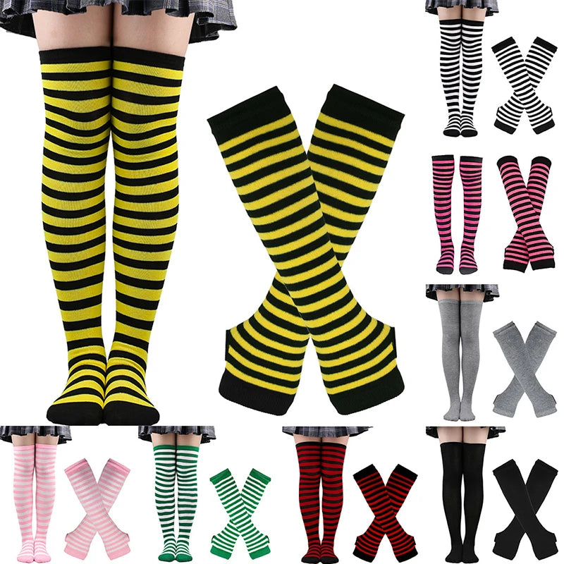 Gothic Striped Over-the-Knee Socks & Arm Warmers Set (2 Pairs)