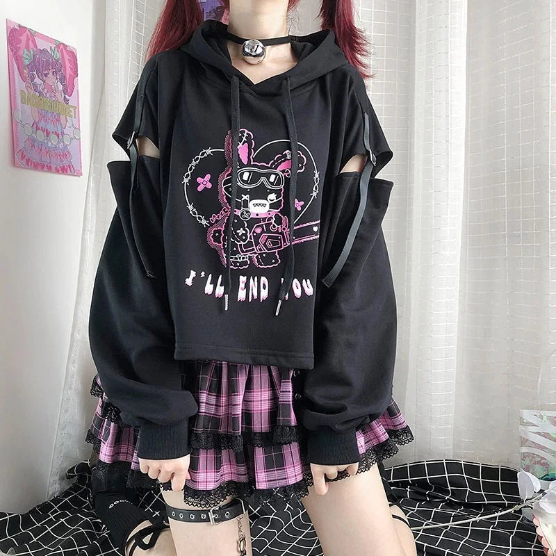 Patchwork Hollow-Out Crop Hoodie – Gothic Y2K Cartoon Print