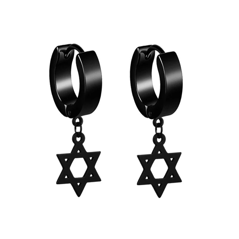 Stainless Steel Cross Long Chain Dangle Hoop Earrings – Black or Silver Tone (Unisex Set)