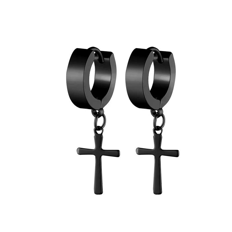 Stainless Steel Cross Long Chain Dangle Hoop Earrings – Black or Silver Tone (Unisex Set)