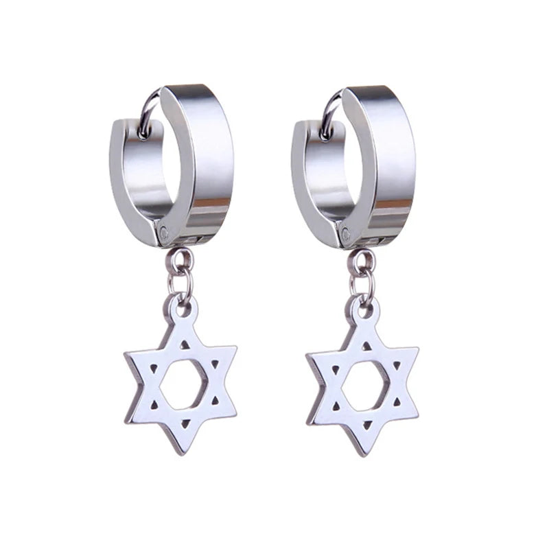 Stainless Steel Cross Long Chain Dangle Hoop Earrings – Black or Silver Tone (Unisex Set)