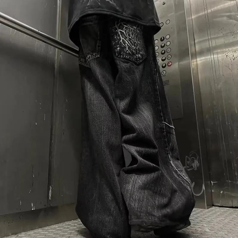 Yokai Supply “Phantom Web” Gothic Baggy Jeans – Y2K Spider Embroidered Unisex Streetwear Pants