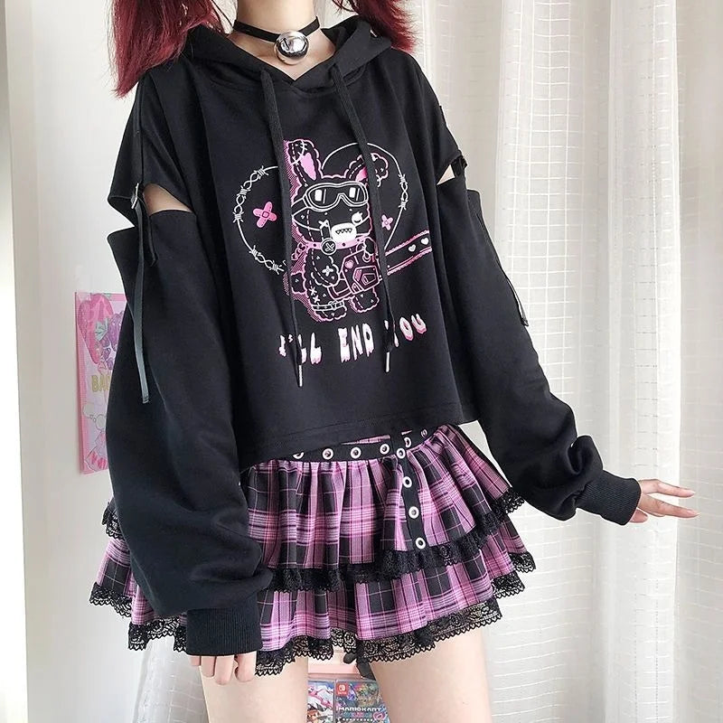 Patchwork Hollow-Out Crop Hoodie – Gothic Y2K Cartoon Print