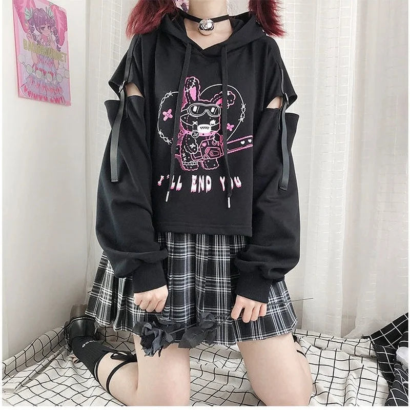 Patchwork Hollow-Out Crop Hoodie – Gothic Y2K Cartoon Print