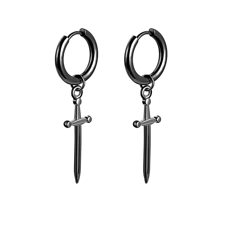 Stainless Steel Cross Long Chain Dangle Hoop Earrings – Black or Silver Tone (Unisex Set)