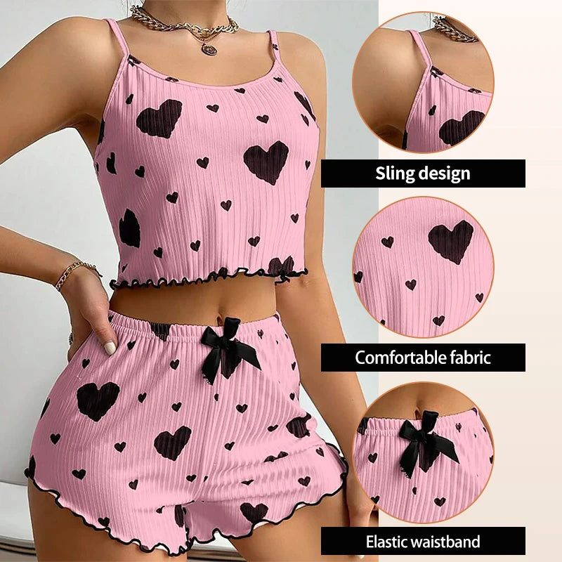Women’s Pajama Set – 2PCS Tank Top & Shorts Sleepwear (Soft Heart Set)