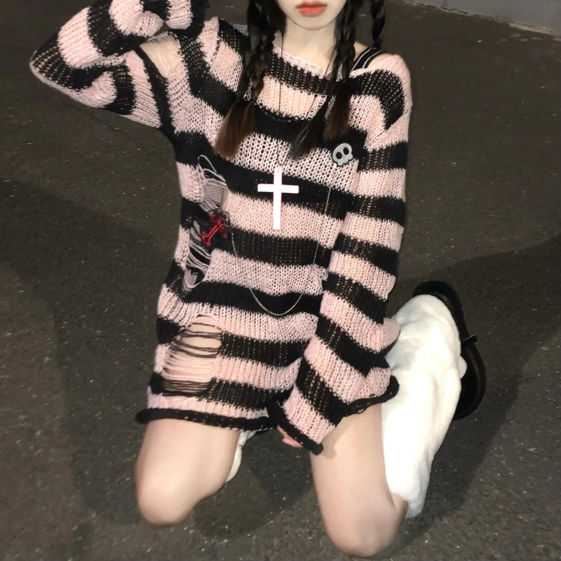 "Yokai Supply" Pink Striped Gothic Knit Sweater for Women – Distressed Ripped Pullover, Loose Fit Fairy Grunge Streetwear