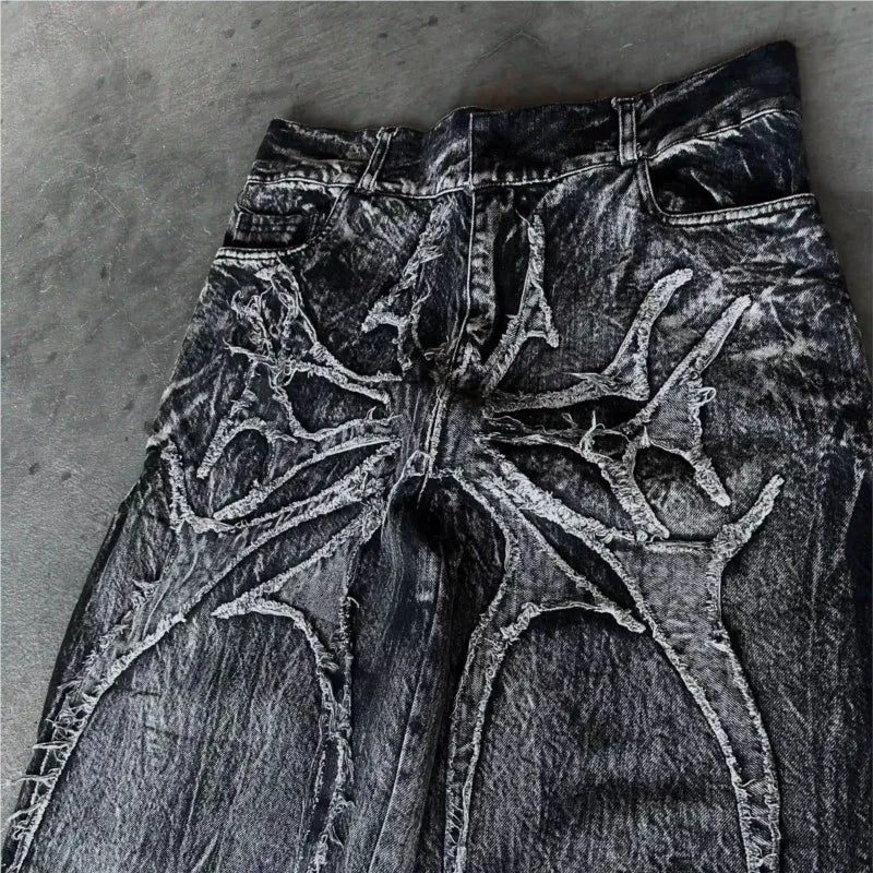 Yokai Supply “Phantom Web” Gothic Baggy Jeans – Y2K Spider Embroidered Unisex Streetwear Pants
