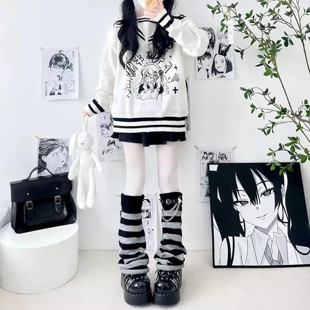 Gothic Striped Knit Leg Warmers – Black & White