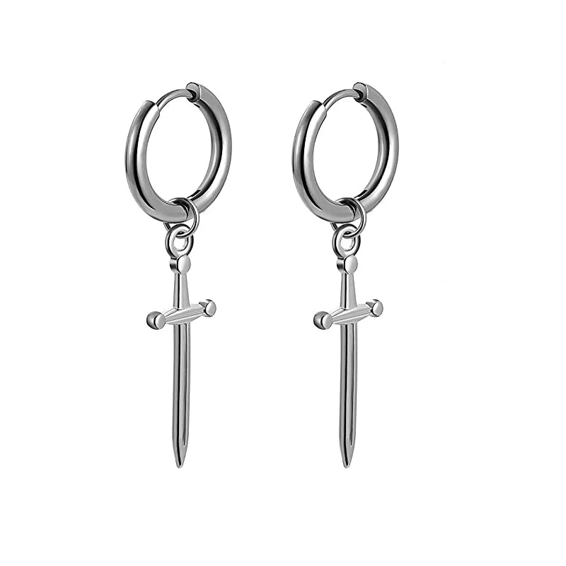 Stainless Steel Cross Long Chain Dangle Hoop Earrings – Black or Silver Tone (Unisex Set)