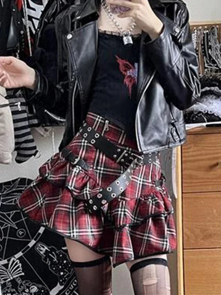 Yokai Supply "Red Plaid" High-Waisted Mini Skirt – Gothic Y2K A-Line