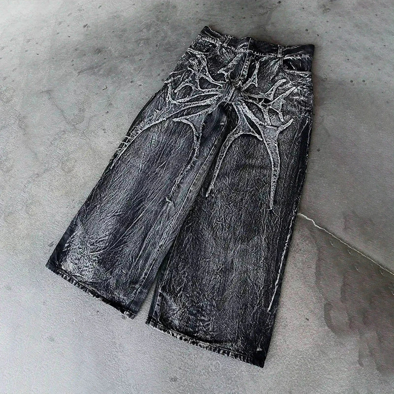 Yokai Supply “Phantom Web” Gothic Baggy Jeans – Y2K Spider Embroidered Unisex Streetwear Pants