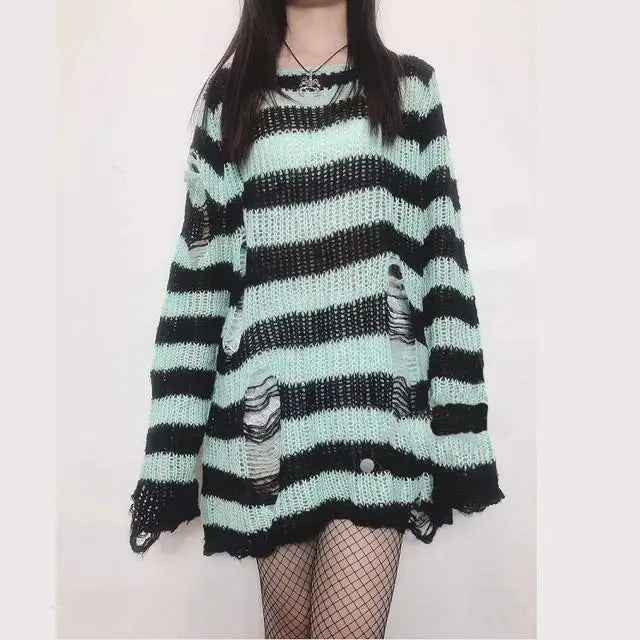 Striped Gothic Knit Pullover Sweater – Oversized Alt Aesthetic