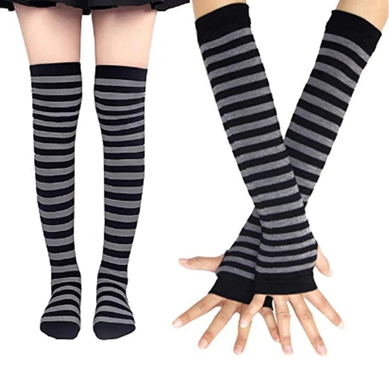 Gothic Striped Over-the-Knee Socks & Arm Warmers Set (2 Pairs)