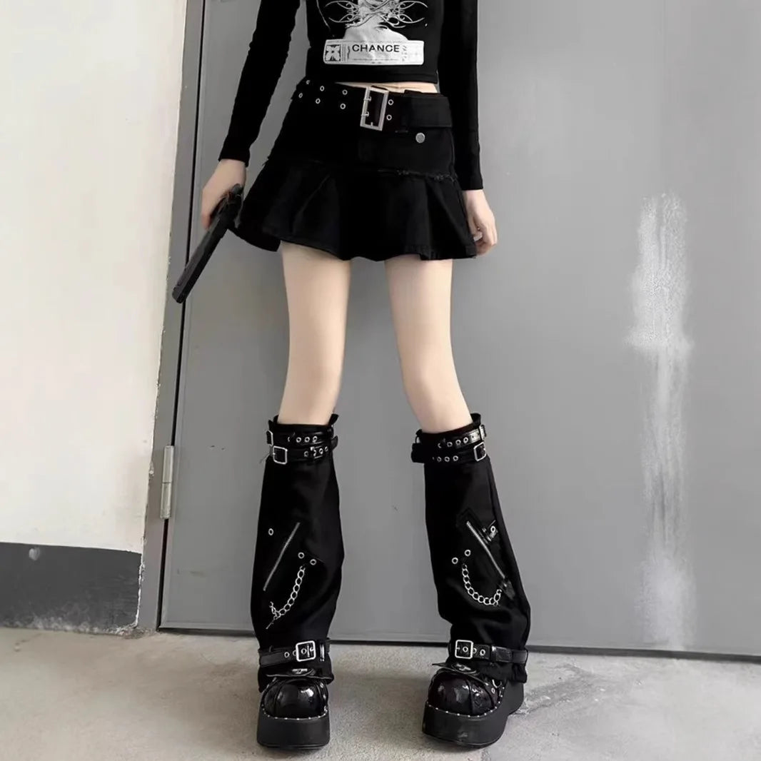 Yokai Supply “Cyber Vice” Adjustable Gothic Leg Warmers – Leather Buckle Y2K Punk Street Covers