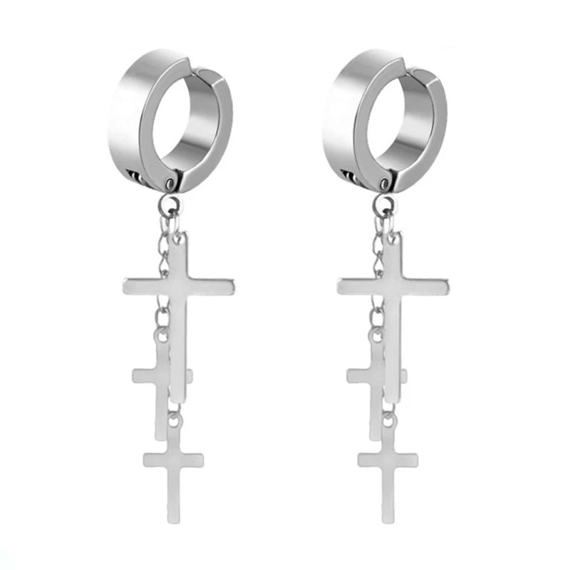 Stainless Steel Cross Long Chain Dangle Hoop Earrings – Black or Silver Tone (Unisex Set)