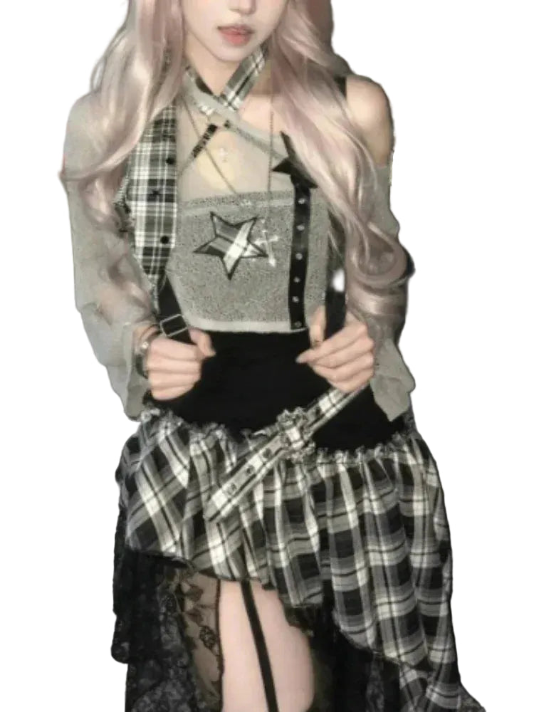 Yokai Supply “Nocturne Muse” Gothic Y2K Two-Piece Set – Black Crop Top & Asymmetrical Mini Dress