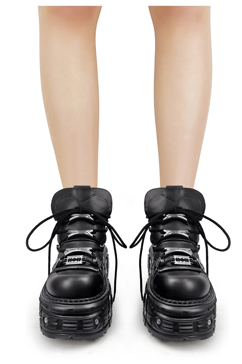 Yokai Supply “Obsidian Chain” Gothic Platform Boots – Punk Lace-Up Metal Decor Ankle Shoes