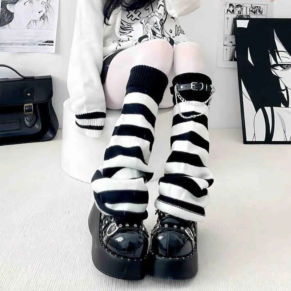 Gothic Striped Knit Leg Warmers – Black & White