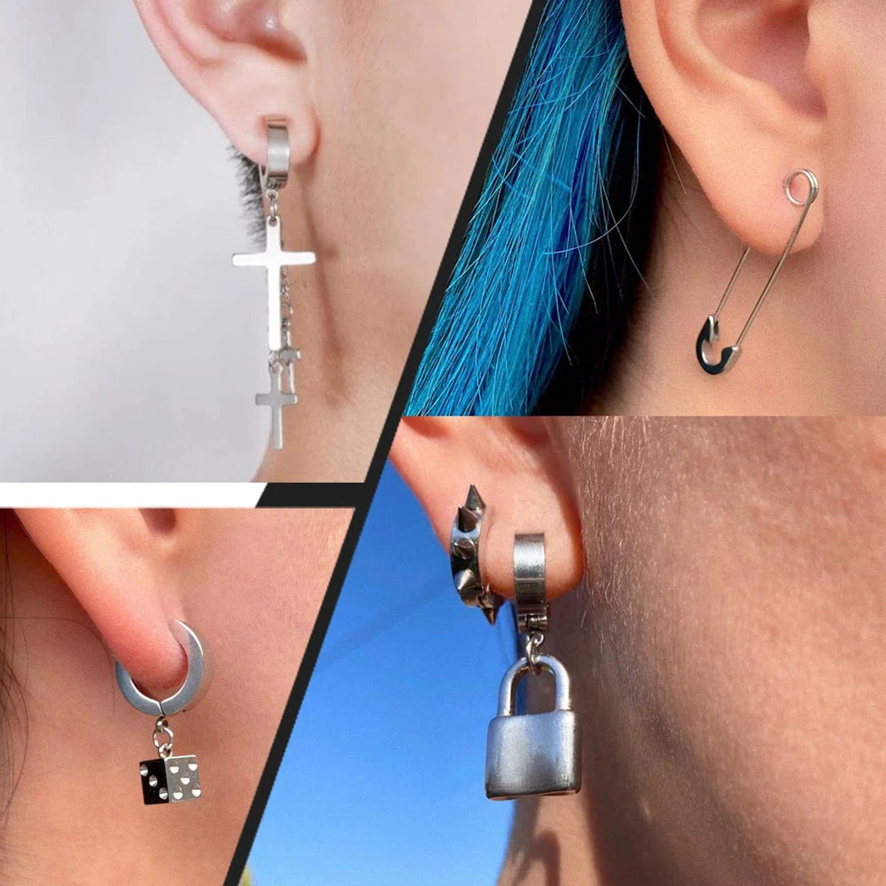 Stainless Steel Cross Long Chain Dangle Hoop Earrings – Black or Silver Tone (Unisex Set)