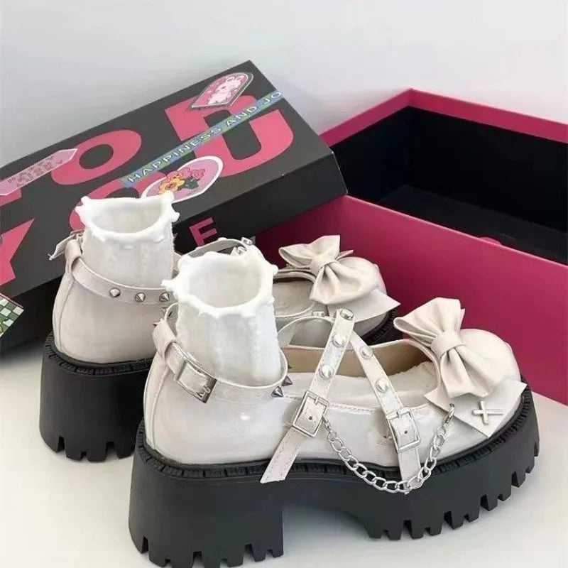 Yokai Supply “Midnight Reverie” Lolita Platform Heels – Gothic Bow & Chain Rivet Pumps