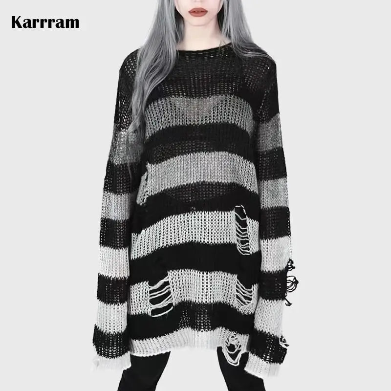 Striped Gothic Knit Pullover Sweater – Oversized Alt Aesthetic