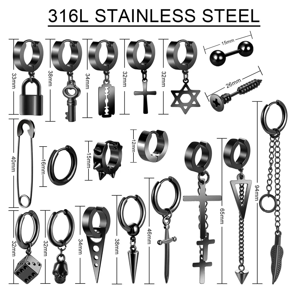 Stainless Steel Cross Long Chain Dangle Hoop Earrings – Black or Silver Tone (Unisex Set)