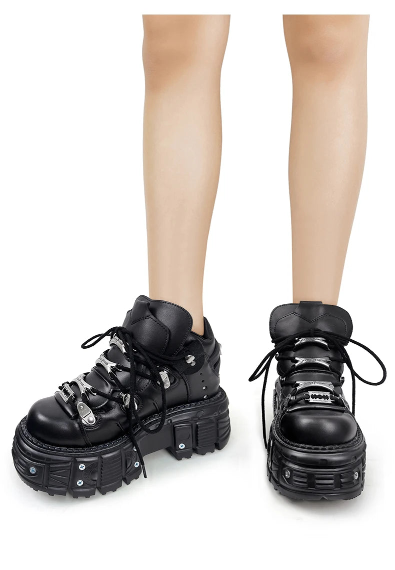 Yokai Supply “Obsidian Chain” Gothic Platform Boots – Punk Lace-Up Metal Decor Ankle Shoes
