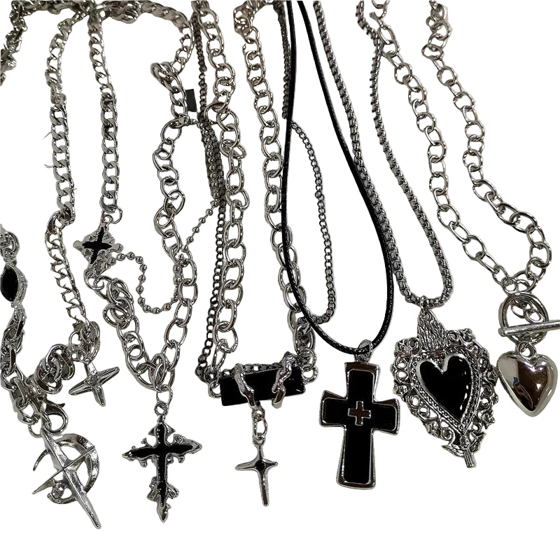 Collection of silver necklaces with various pendants on a white background