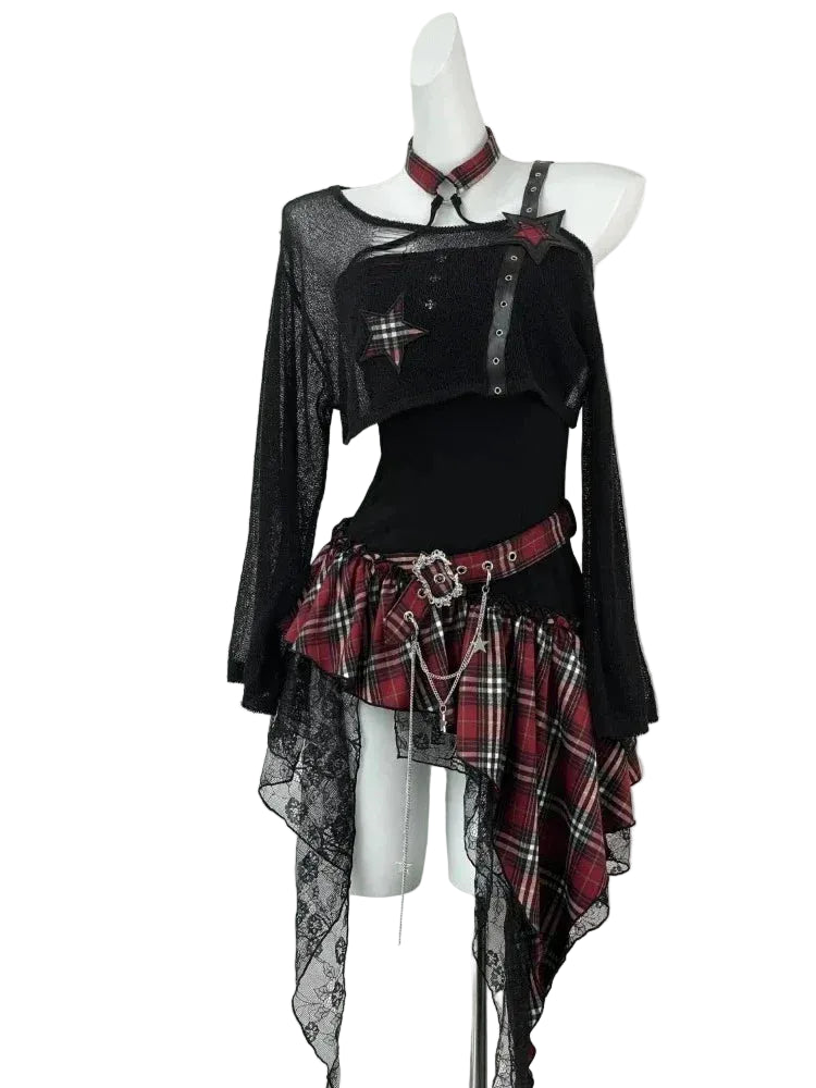 Yokai Supply “Nocturne Muse” Gothic Y2K Two-Piece Set – Black Crop Top & Asymmetrical Mini Dress