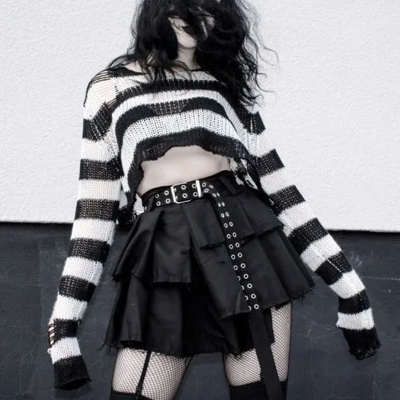 Striped Gothic Knit Pullover Sweater – Oversized Alt Aesthetic