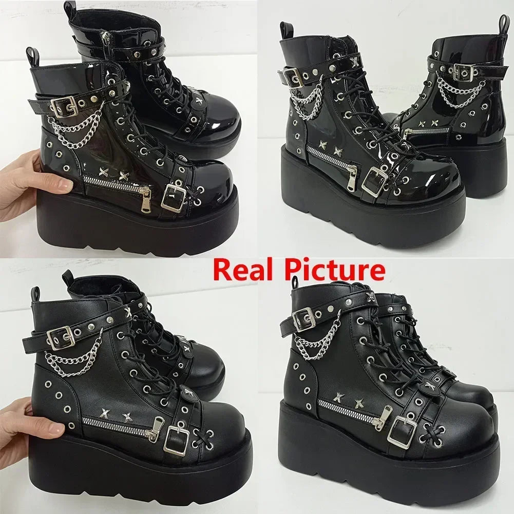 Yokai Supply “Vampiric Eclipse” Gothic Platform Boots – Mid-Calf Lace-Up Wedge Motorcycle Shoes