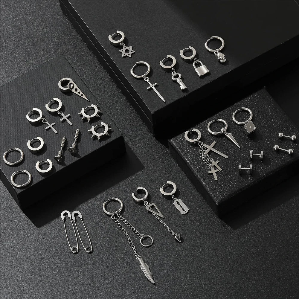 Stainless Steel Cross Long Chain Dangle Hoop Earrings – Black or Silver Tone (Unisex Set)