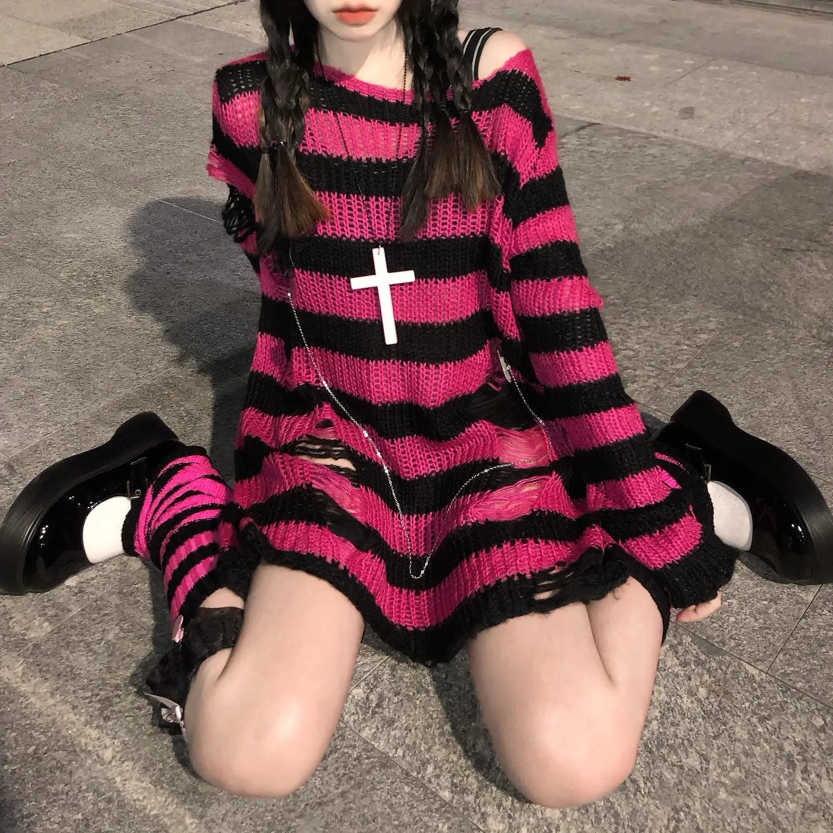 "Yokai Supply" Pink Striped Gothic Knit Sweater for Women – Distressed Ripped Pullover, Loose Fit Fairy Grunge Streetwear