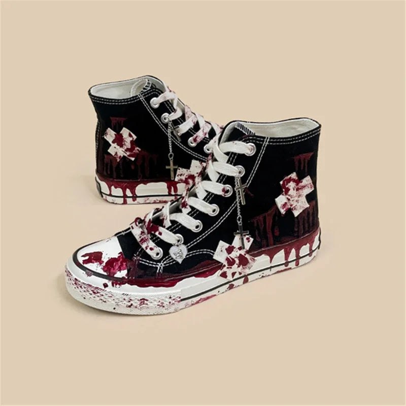 Yokai Supply “Crimson Chain” Gothic Hand-Painted Sneakers – Unisex Y2K Punk Street Canvas Shoes