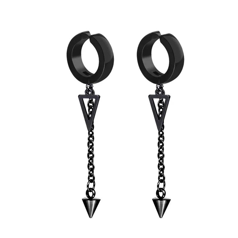 Stainless Steel Cross Long Chain Dangle Hoop Earrings – Black or Silver Tone (Unisex Set)