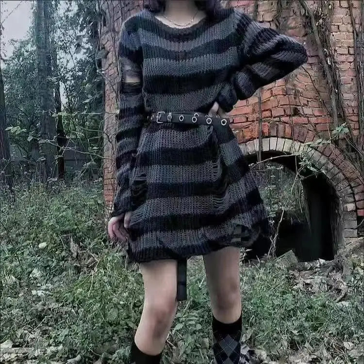 Striped Gothic Knit Pullover Sweater – Oversized Alt Aesthetic